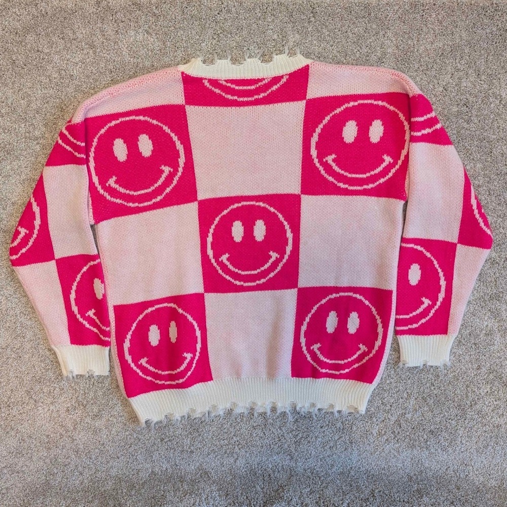 Altard State Pink White Smiley Face Checkerboard Knit Sweater XS Distressed - Picture 6 of 6
